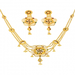 22k Yellow Gold Minakari Floral Beaded Necklace and earrings Set